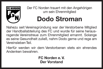Traueranzeige von Dodo Stroman 