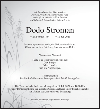 Traueranzeige von Dodo Stroman 