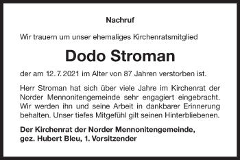 Traueranzeige von Dodo Stroman 