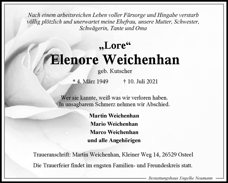  Traueranzeige für Elenore Weichenhan vom 13.07.2021 aus 