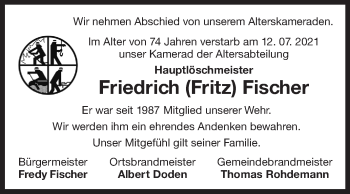 Traueranzeige von Friedrich Fischer 