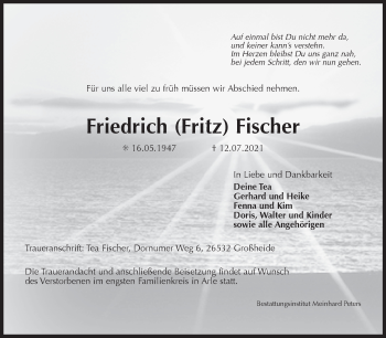 Traueranzeige von Friedrich Fischer 