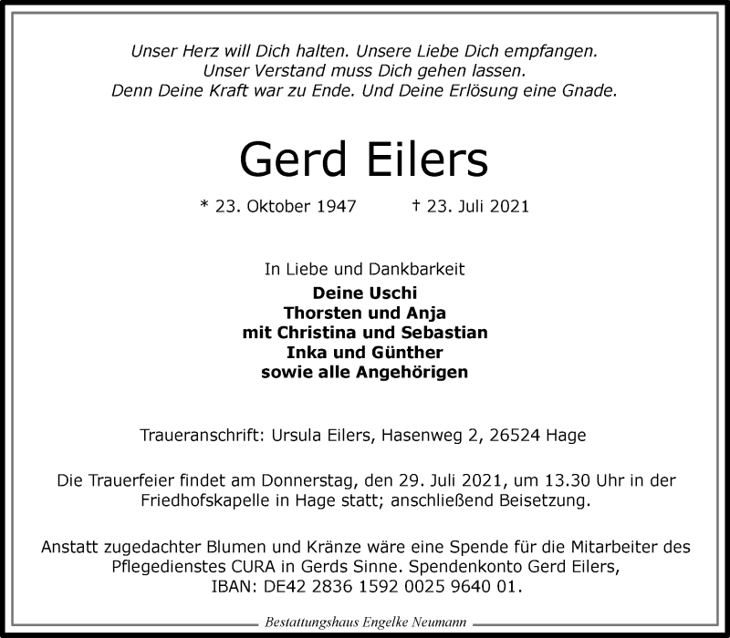  Traueranzeige für Gerd Eilers vom 27.07.2021 aus 