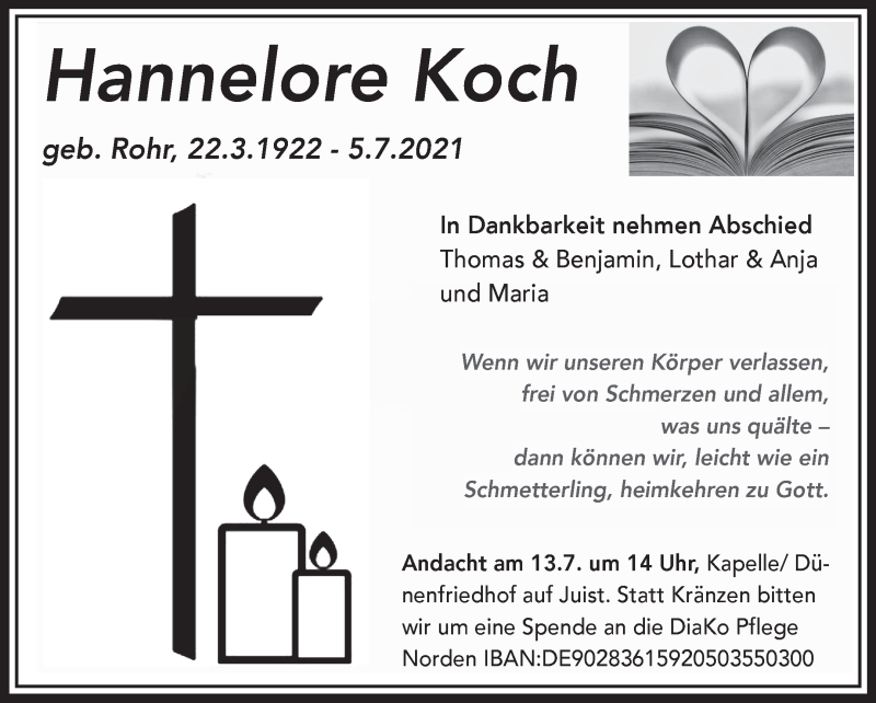  Traueranzeige für Hannelore Koch vom 10.07.2021 aus 
