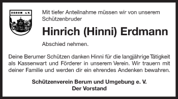 Traueranzeige von Hinrich Erdmann 