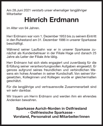 Traueranzeige von Hinrich Erdmann 