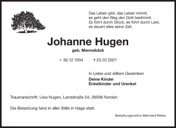 Traueranzeige von Johanne Hugen 
