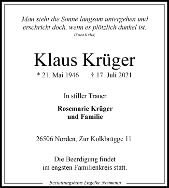 Traueranzeige von Klaus Krüger 