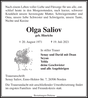 Traueranzeige von Olga Saliov 