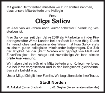 Traueranzeige von Olga Saliov 