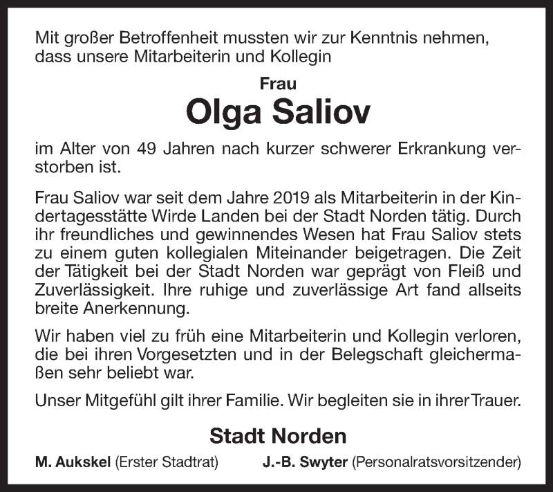  Traueranzeige für Olga Saliov vom 28.07.2021 aus 