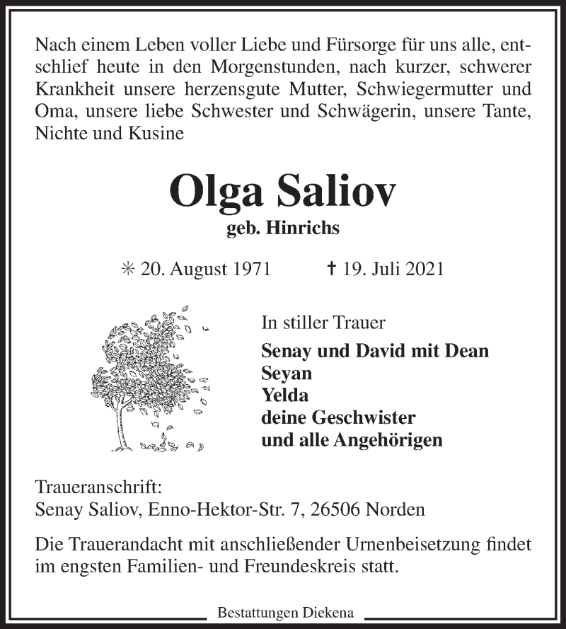  Traueranzeige für Olga Saliov vom 24.07.2021 aus 