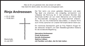 Traueranzeige von Rinje Andreessen 