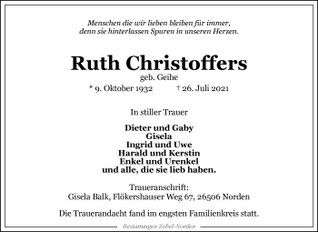 Traueranzeige von Ruth Christoffers 