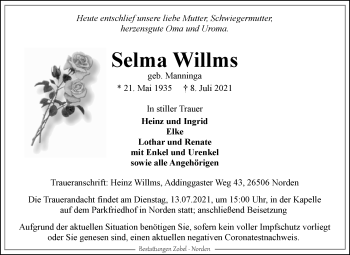 Traueranzeige von Selma Willms 
