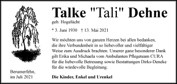 Traueranzeige von Talke Dehne 