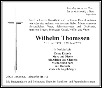 Traueranzeige von Wilhelm Thomssen 