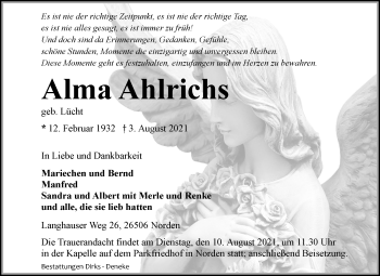 Traueranzeige von Alma Ahlrichs 