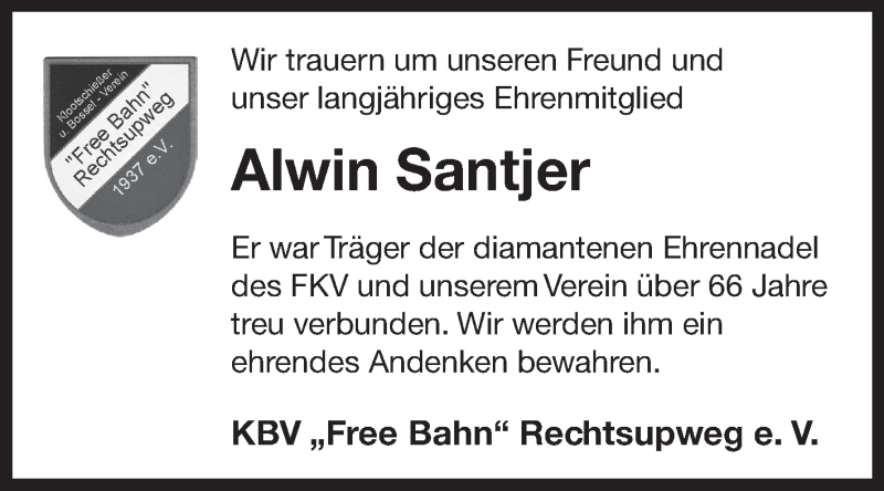  Traueranzeige für Alwin Santjer vom 18.08.2021 aus 