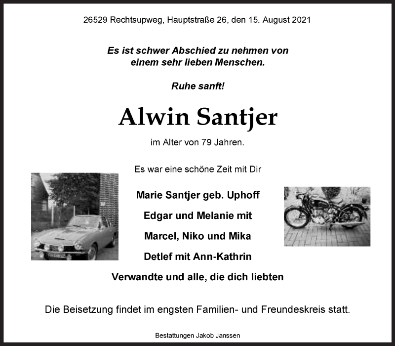  Traueranzeige für Alwin Santjer vom 17.08.2021 aus 