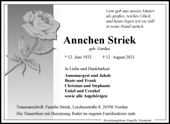 Traueranzeige von Annchen Striek 