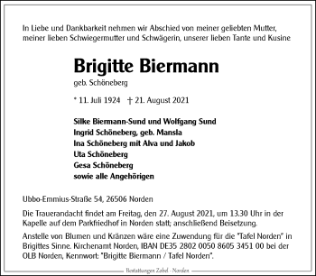 Traueranzeige von Brigitte Biermann 