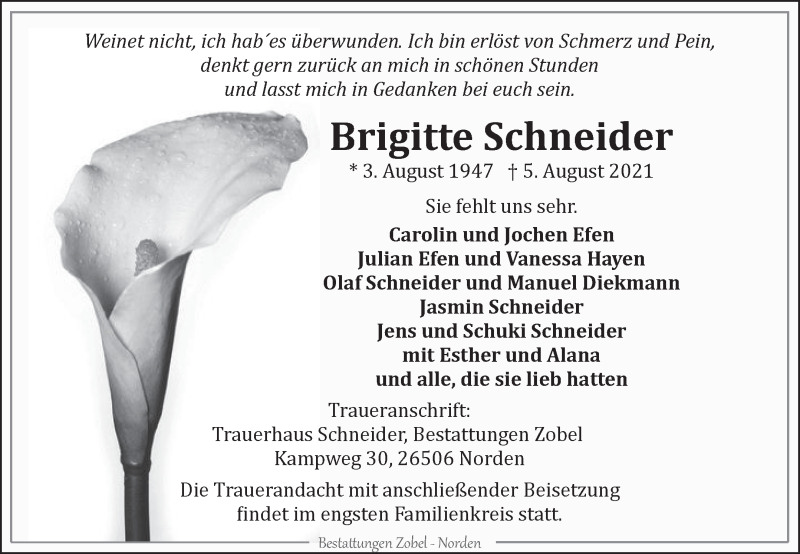  Traueranzeige für Brigitte Schneider vom 07.08.2021 aus 