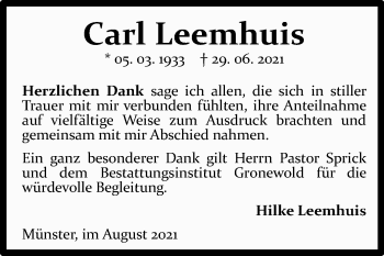 Traueranzeige von Carl Leemhuis 
