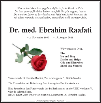 Traueranzeige von Ebrahim Raafati 