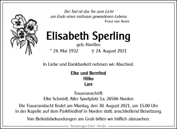 Traueranzeige von Elisabeth Sperling 