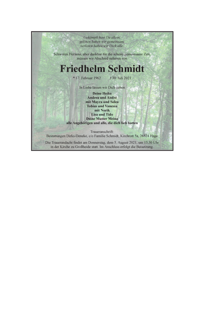 Traueranzeige für Friedhelm Schmidt vom 02.08.2021 aus 