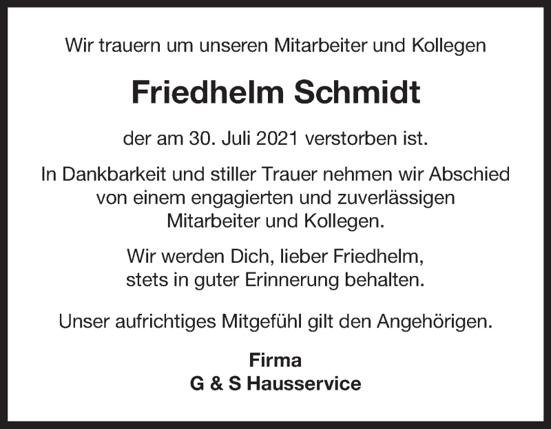  Traueranzeige für Friedhelm Schmidt vom 04.08.2021 aus 