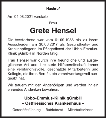 Traueranzeige von Grete Hensel 