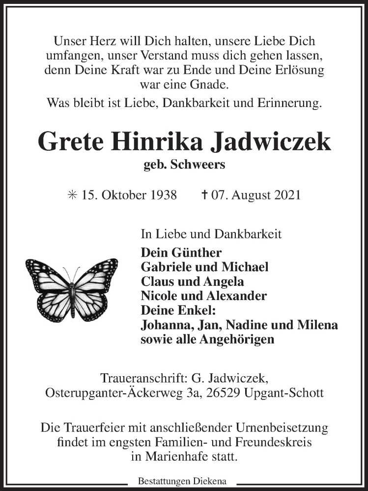  Traueranzeige für Grete Hinrika Jadwiczek vom 21.08.2021 aus 