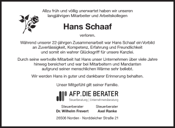 Traueranzeige von Hans Schaaf 