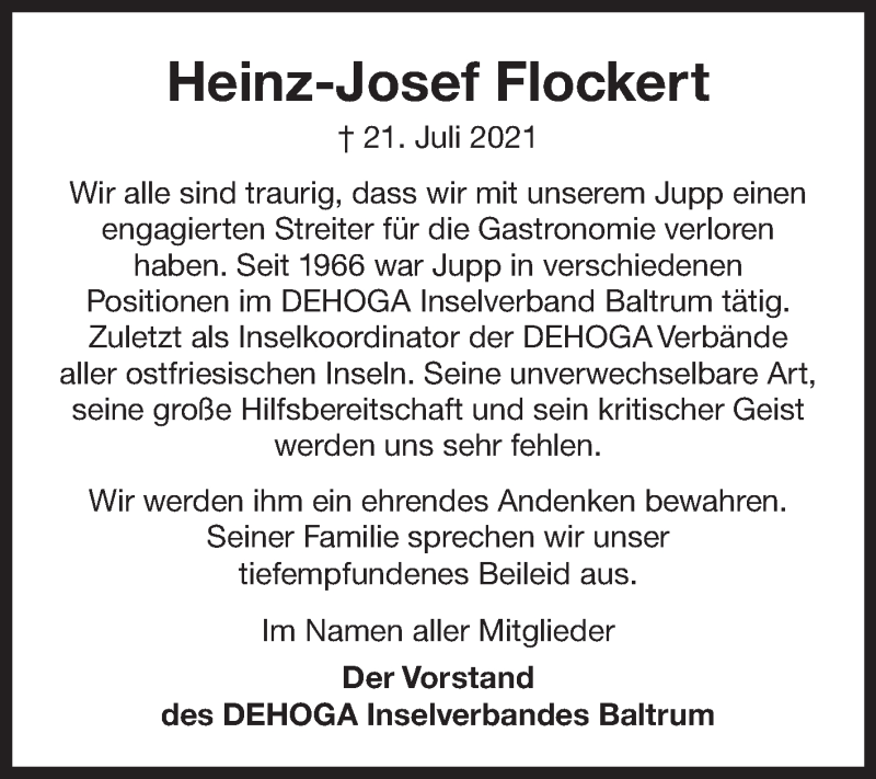  Traueranzeige für Heinz-Josef Flockert vom 12.08.2021 aus 