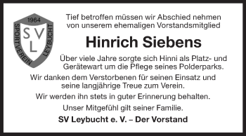 Traueranzeige von Hinrich Siebens 