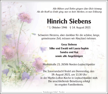 Traueranzeige von Hinrich Siebens 