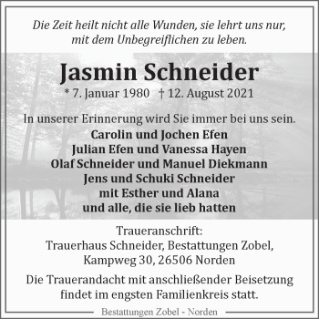 Traueranzeige von Jasmin Schneider 