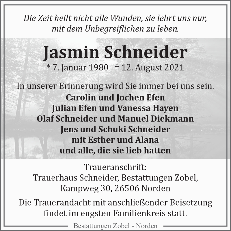  Traueranzeige für Jasmin Schneider vom 21.08.2021 aus 