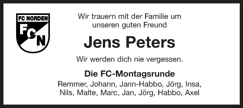  Traueranzeige für Jens Peters vom 18.08.2021 aus 