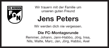 Traueranzeige von Jens Peters 