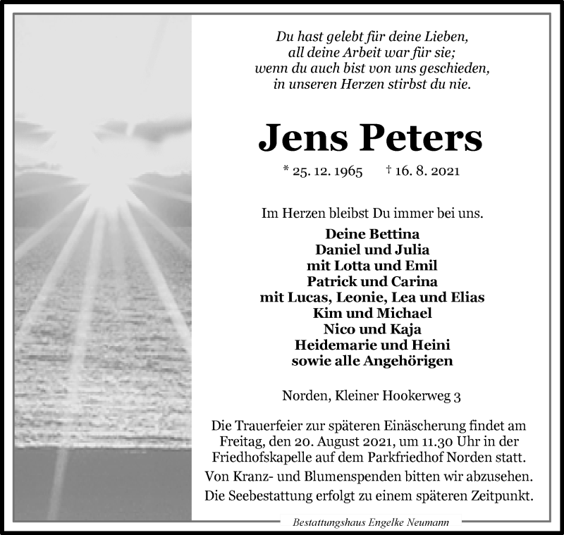  Traueranzeige für Jens Peters vom 17.08.2021 aus 