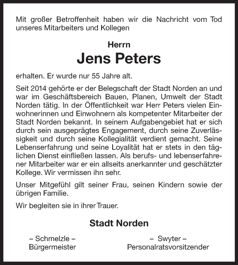  Traueranzeige für Jens Peters vom 18.08.2021 aus 