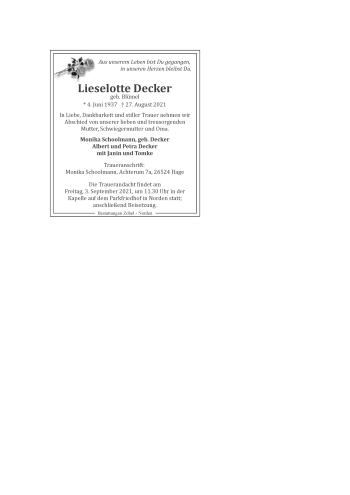 Traueranzeige von Lieselotte Decker 