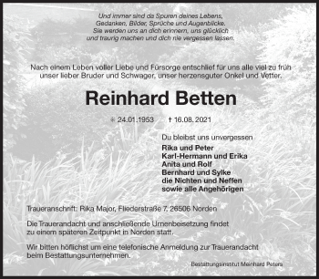 Traueranzeige von Reinhard Betten 