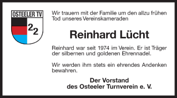 Traueranzeige von Reinhard Lücht 