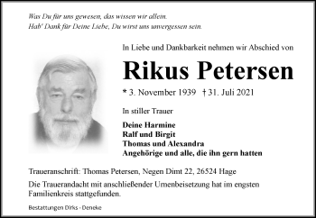 Traueranzeige von Rikus Petersen 