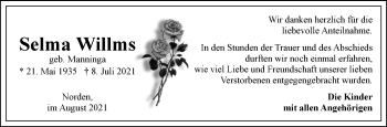 Traueranzeige von Selma Willms 