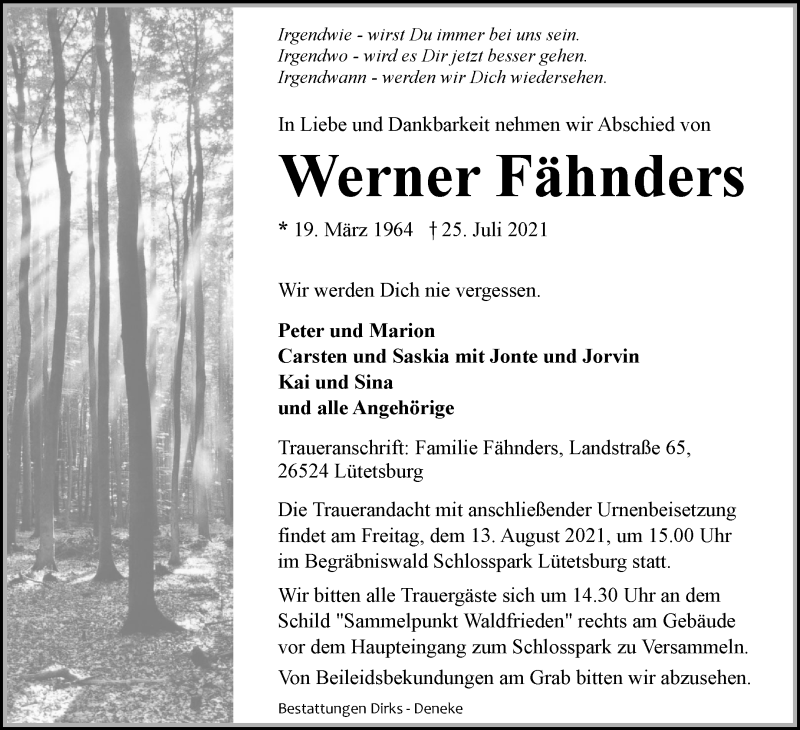  Traueranzeige für Werner Fähnders vom 06.08.2021 aus 